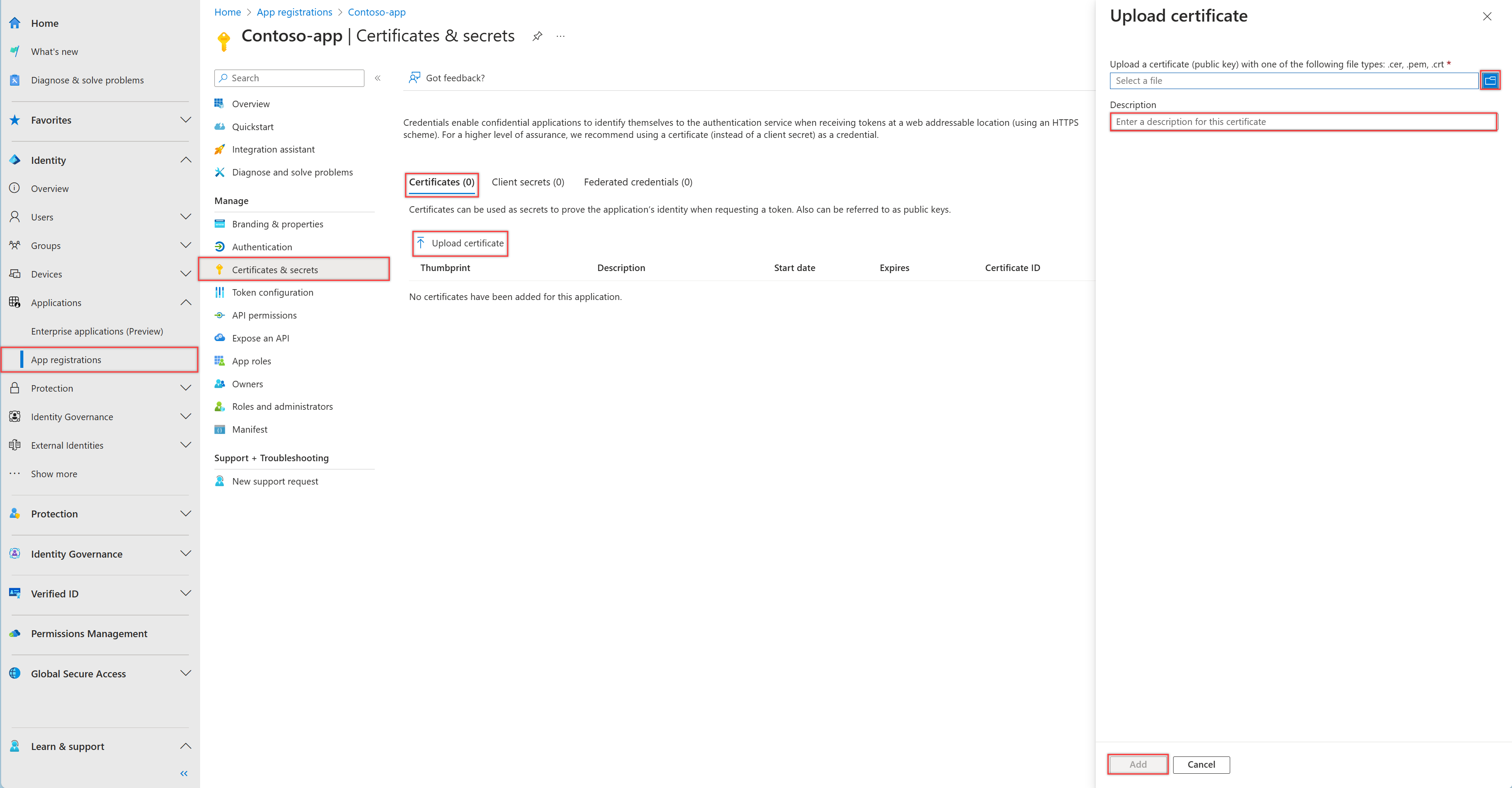 Screenshot dell'interfaccia di amministrazione di Microsoft Entra, che mostra la scheda Certificati nel riquadro Certificati e segreti in una registrazione dell'app.