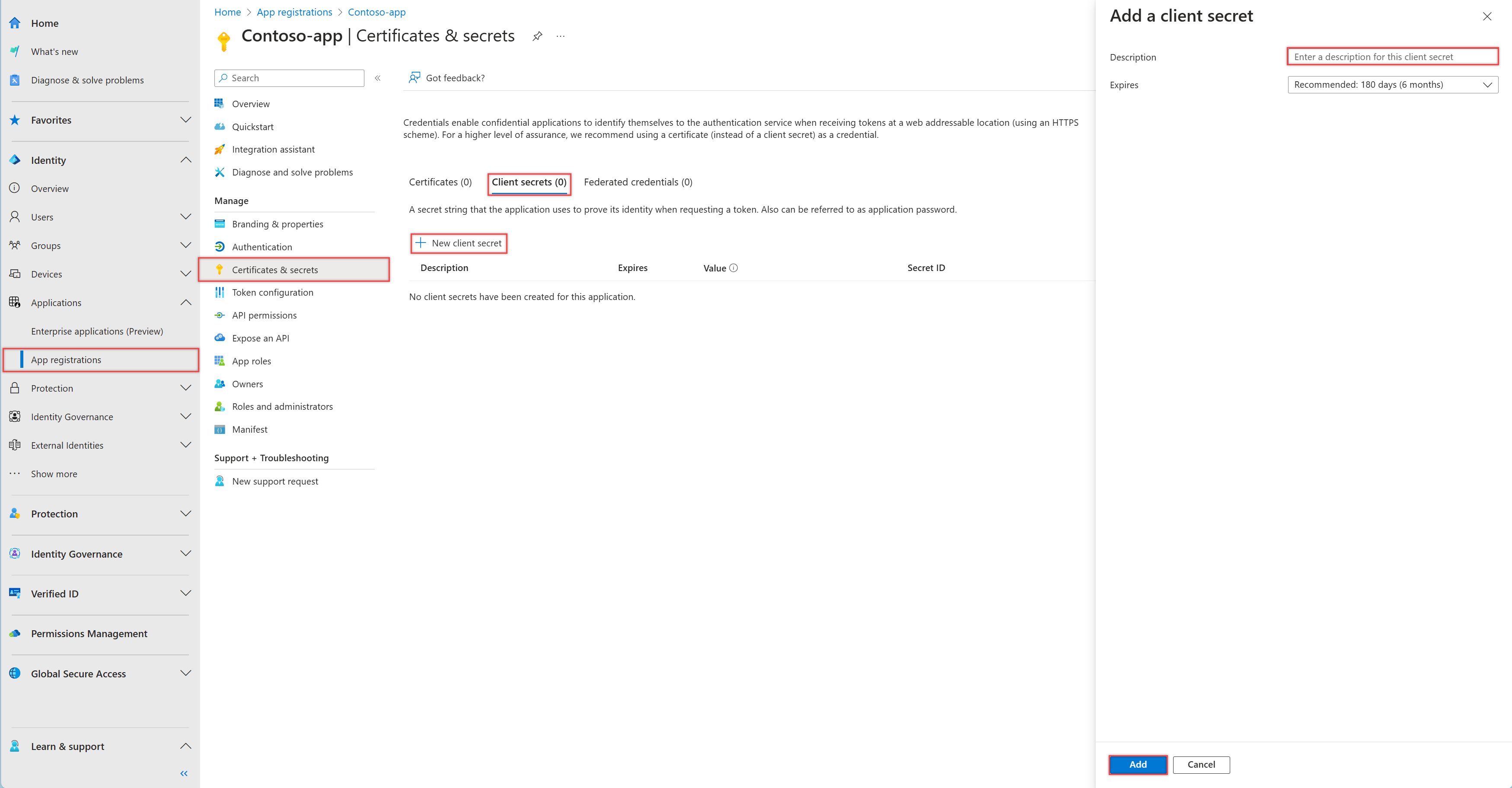 Screenshot dell'interfaccia di amministrazione di Microsoft Entra, che mostra la scheda Segreti client nel riquadro Certificati e segreti di una registrazione dell'applicazione.