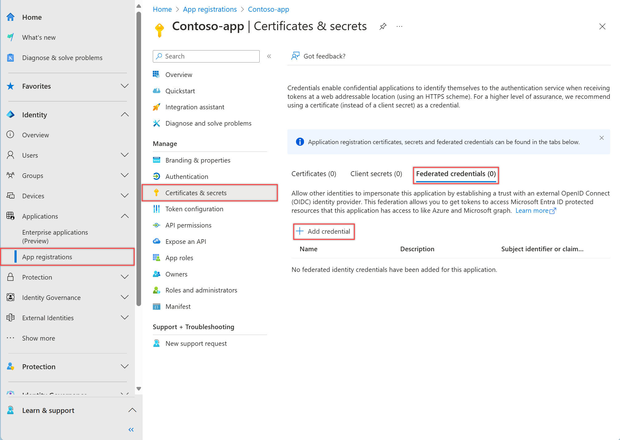 Screenshot dell’interfaccia di amministrazione di Microsoft Entra che mostra il riquadro Certificati e segreti in una registrazione dell'app.