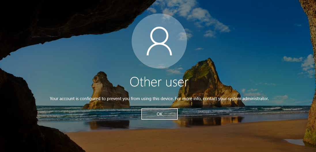 Screenshot del messaggio che indica che l'account è configurato per impedire l'uso di questo dispositivo.
