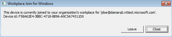 Screenshot della finestra Workplace Join per Windows. Il testo che include un indirizzo e-mail indica che un determinato dispositivo è connesso a un'area di lavoro.