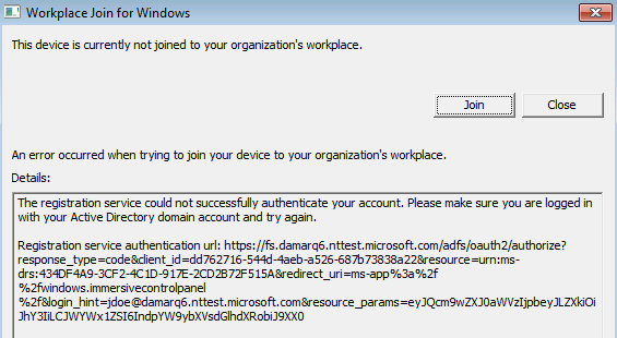 Screenshot della finestra di dialogo di Workplace Join per Windows. Il testo segnala che si è verificato un errore durante l'autenticazione dell'account.