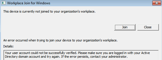 Screenshot della finestra di dialogo Workplace Join per Windows. Il testo segnala che si è verificato un errore durante la verifica dell'account.