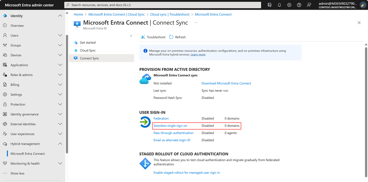 Screenshot dell'interfaccia di amministrazione di Microsoft Entra: riquadro Microsoft Entra Connect.