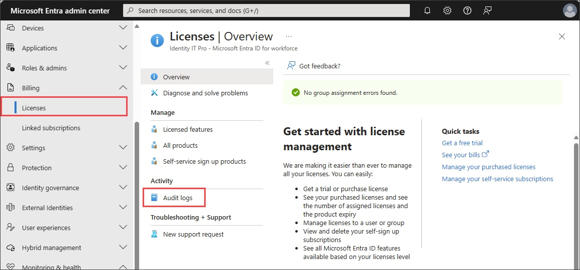 Screenshot dell'area licenze di Microsoft Entra ID con l'opzione Log di verifica messa in evidenza.