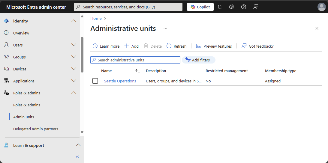 Screenshot delle unità amministrative in Microsoft Entra ID.