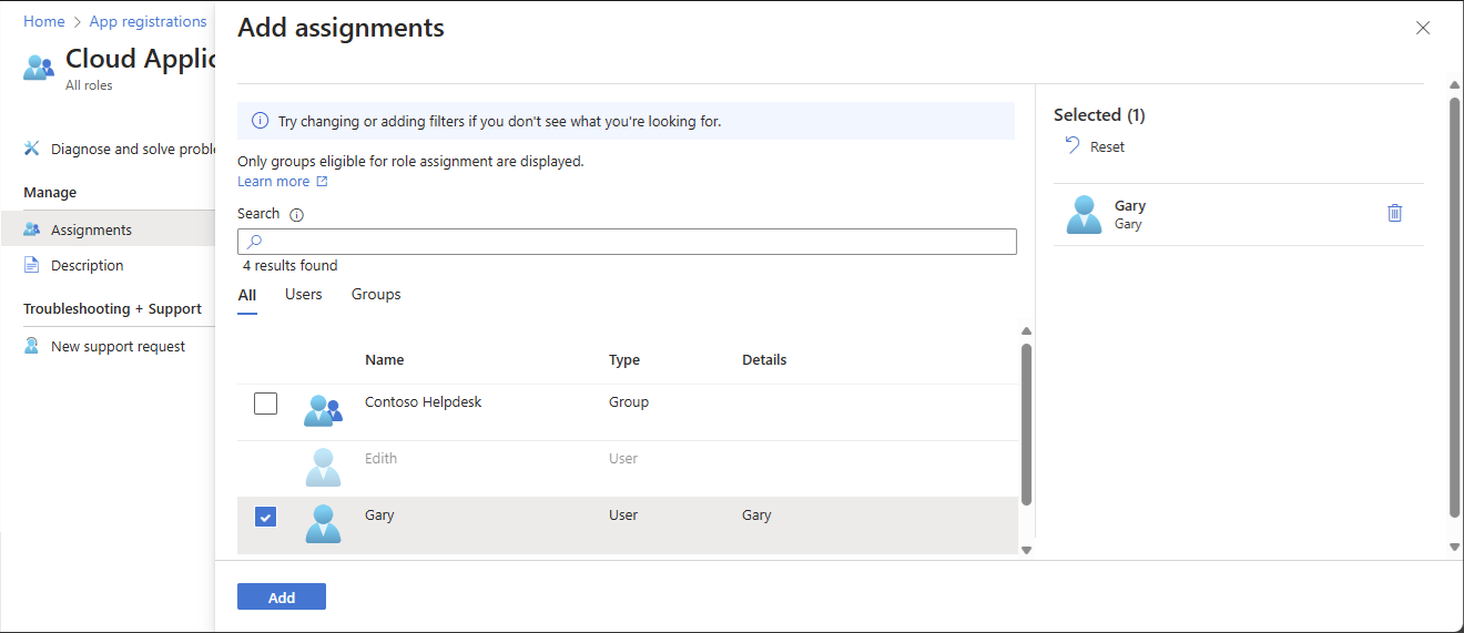 Screenshot dell'aggiunta di un'assegnazione di ruolo con ambito definito a una registrazione dell'app in Microsoft Entra ID.