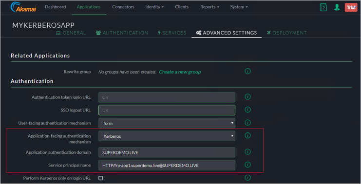 Screenshot della scheda Impostazioni Avanzate della console Akamai EAA per MYKERBOROSAPP che mostra le impostazioni per Applicazioni Correlate e Autenticazione.
