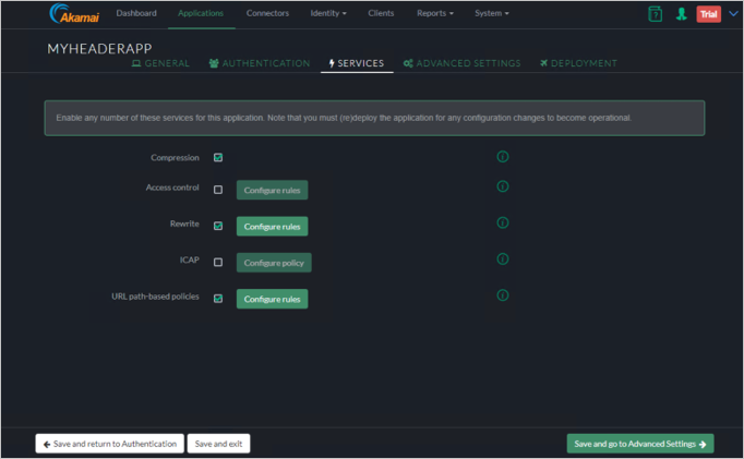 Screenshot della scheda Servizi della console Akamai EAA per MYHEADERAPP che mostra il pulsante Salva e vai a Impostazioni Avanzate in basso a destra.