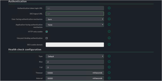 Screenshot della scheda Impostazioni avanzate della console Akamai EAA per SECRETRDPAPP che mostra le impostazioni per l'autenticazione e la configurazione dei controlli di integrità.