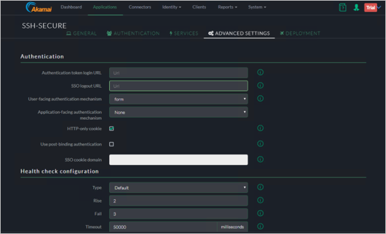 Screenshot della scheda Impostazioni Avanzate della console Akamai EAA per SSH-SECURE che mostra le impostazioni per Autenticazione e la configurazione del controllo integrità.