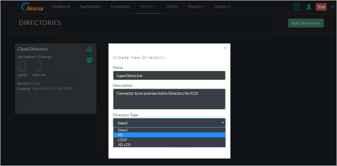 Screenshot della finestra Directories della console Akamai EAA che mostra la finestra di dialogo Crea nuova directory con l'opzione AD nell'elenco a discesa per Tipo di directory.