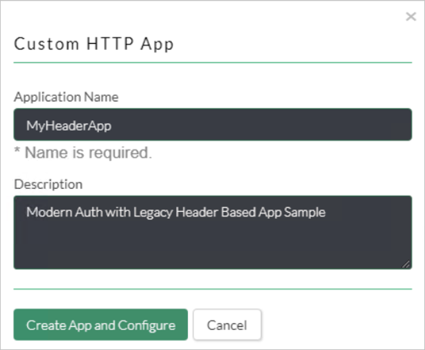 Screenshot di una finestra di dialogo dell'App HTTP personalizzata che mostra le impostazioni per Nome applicazione e Descrizione.