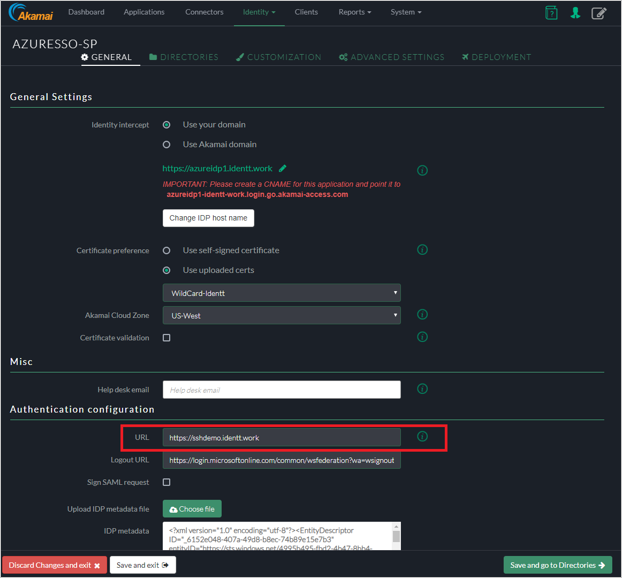Screenshot della scheda Generale per AZURESSO-SP in Akamai Enterprise Application Access. Il campo URL di configurazione dell'autenticazione è evidenziato.
