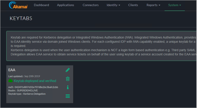 Screenshot della schermata KEYTABS della console Akamai EAA in cui il Keytab EAA è indicato come 