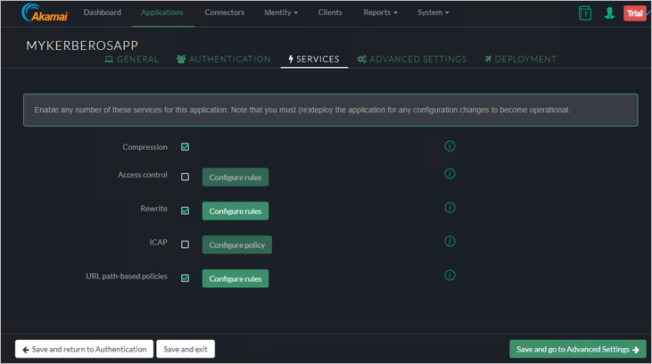 Screenshot della scheda Servizi della console Akamai EAA per MYKERBOROSAPP.