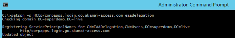 Schermata di un prompt dei comandi con privilegi di amministratore che mostra i risultati dell'esecuzione del comando setspn -s Http/corpapps.login.go.akamai-access.com eaadelegation.