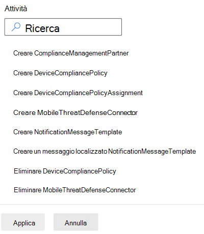 Filtrare i log di controllo in base alla categoria di conformità e selezionare un'attività nell'interfaccia di amministrazione di Microsoft Intune e Intune.
