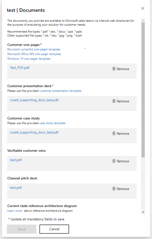 Screenshot che mostra la sezione documenti della pagina della soluzione Co-sell.