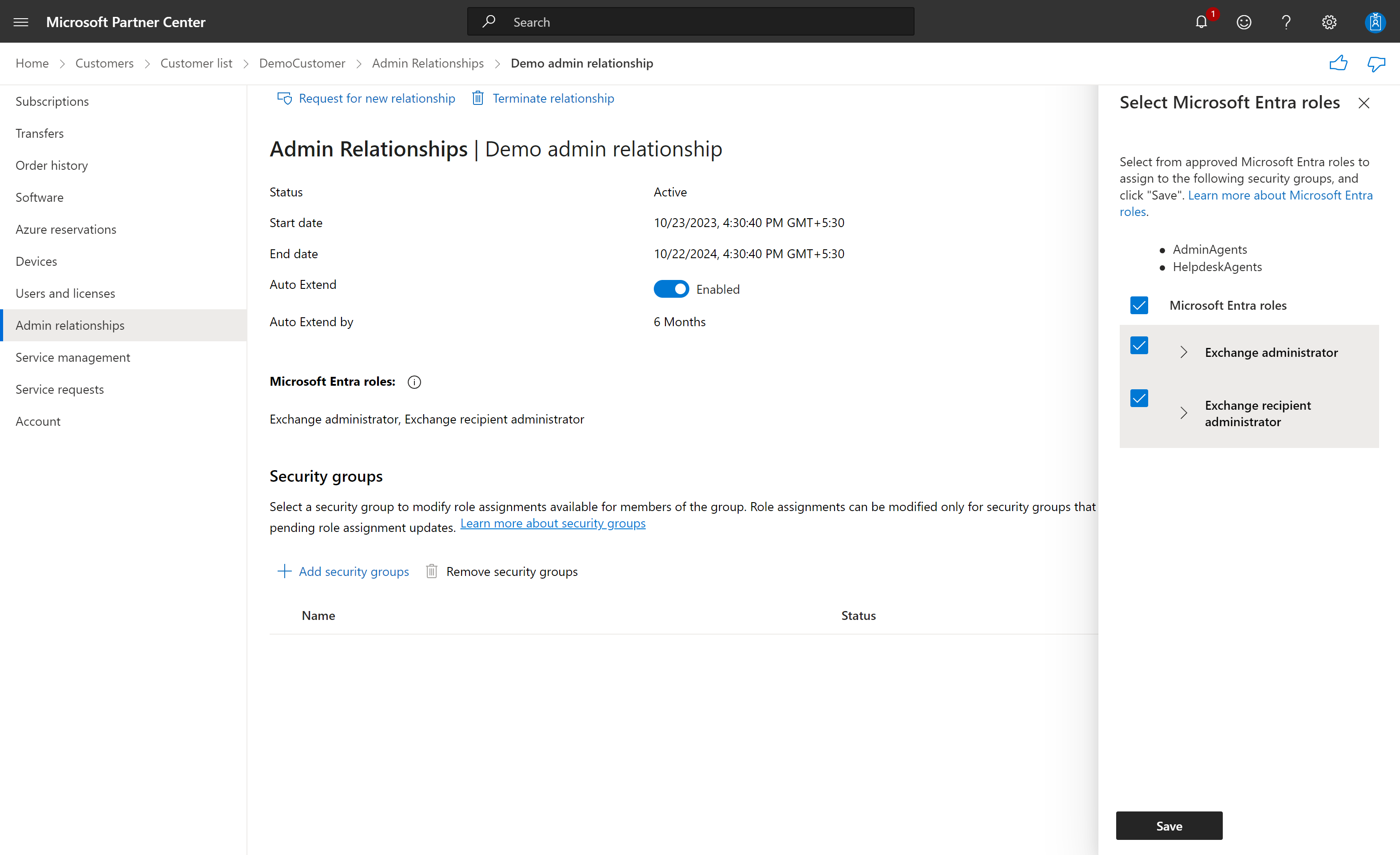 Screenshot che illustra la pagina del gruppo di sicurezza dei dettagli della relazione di amministrazione con i ruoli Microsoft Entra selezionati.