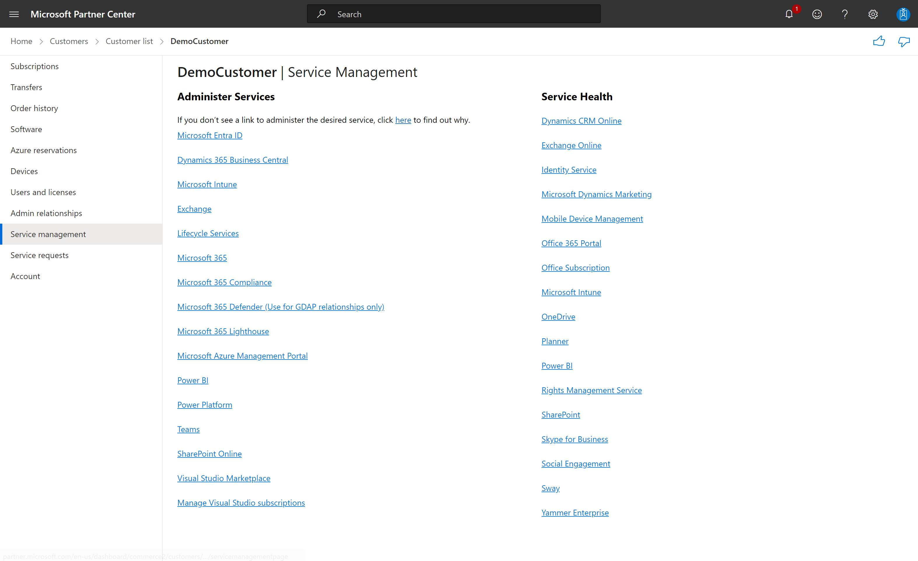 Screenshot che illustra una pagina di gestione del servizio clienti.