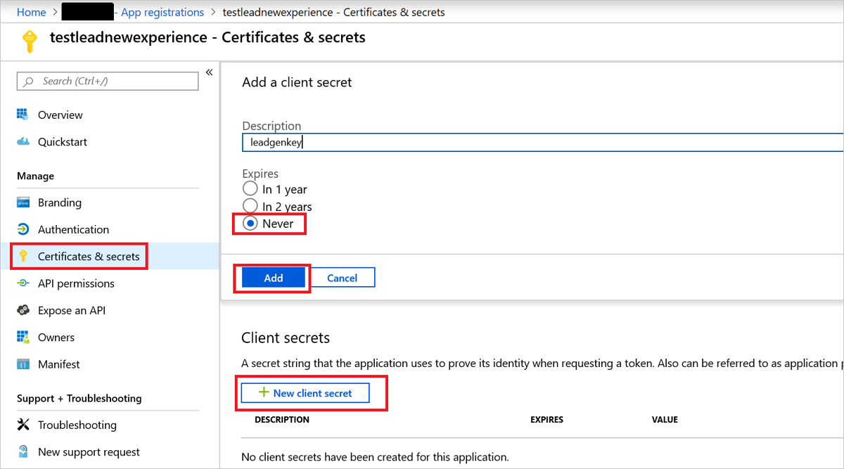Screenshot che illustra l'elemento del menu Certificati e segreti.
