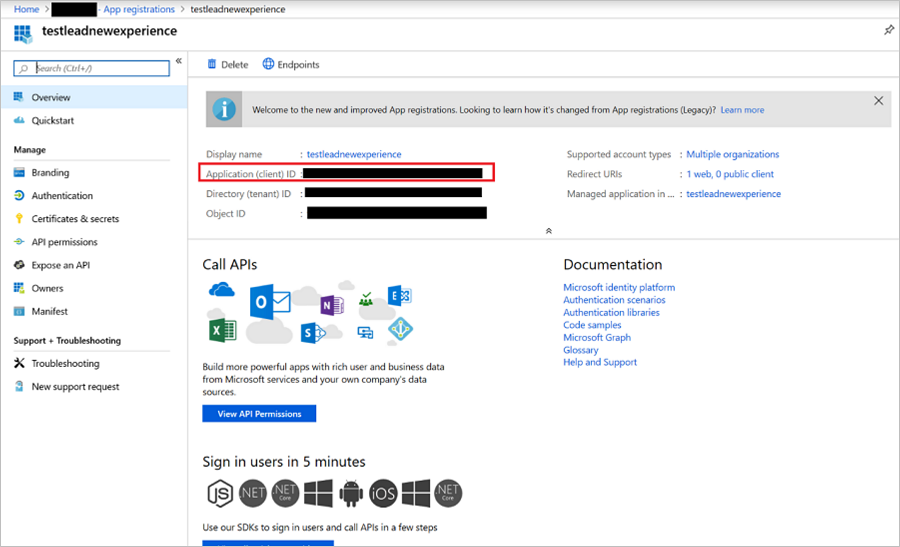 screenshot che illustra la casella ID applicazione (client).