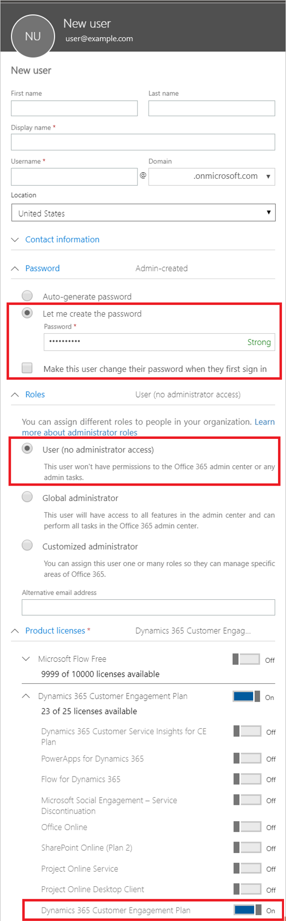 Screenshot che illustra il riquadro Nuovo utente del Centro di amministrazione di Microsoft 365.