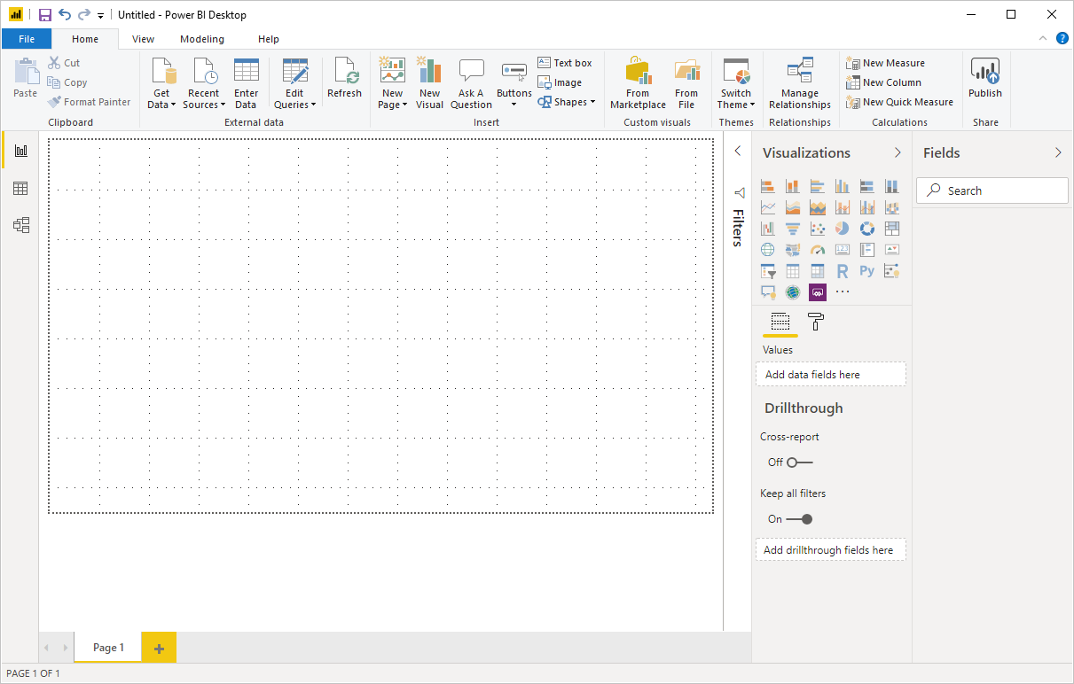 Screenshot che mostra Power BI Desktop con area di disegno vuota.