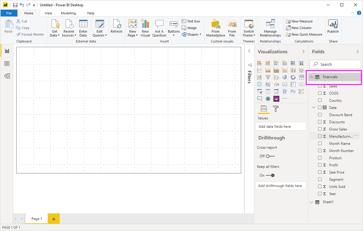 Screenshot mostra Power BI Desktop con i dati caricati e il campo Financials espanso.