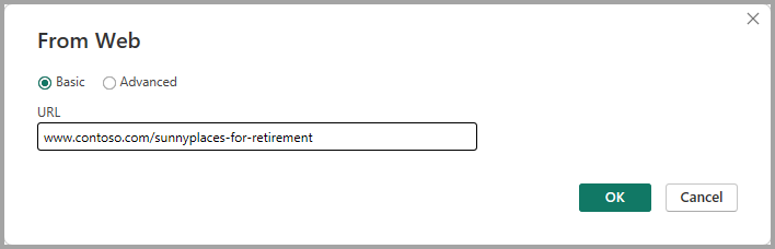 Screenshot della finestra di dialogo Da Web che mostra una connessione all'origine dati da un URL.