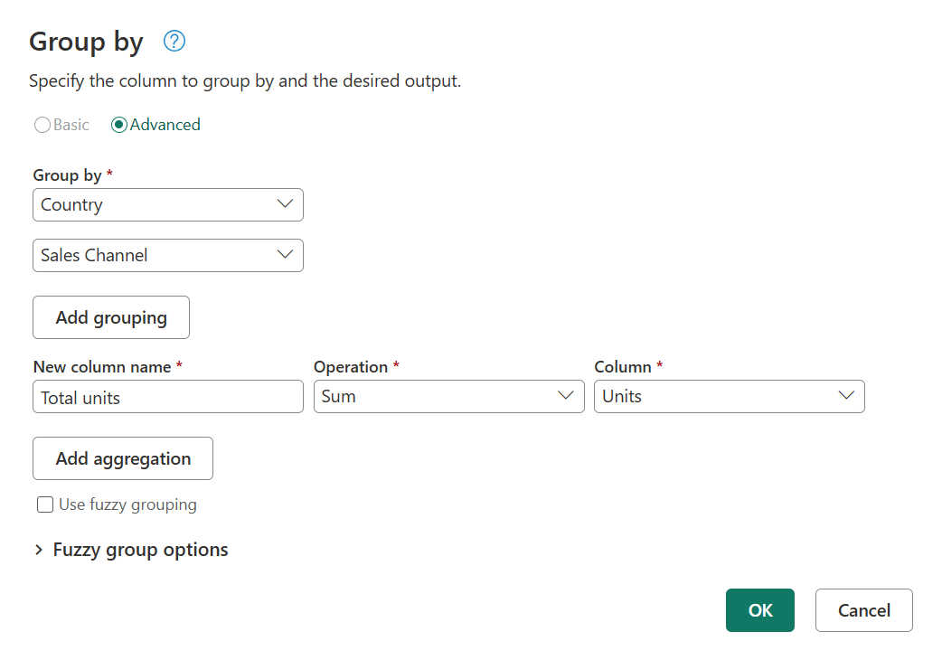 Screenshot della finestra di dialogo Raggruppa per con le colonne aggregate compilate.