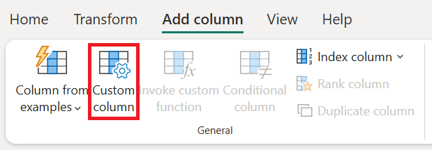 Screenshot della barra multifunzione di Power Query con l'opzione Colonna personalizzata evidenziata nella scheda Aggiungi colonna.