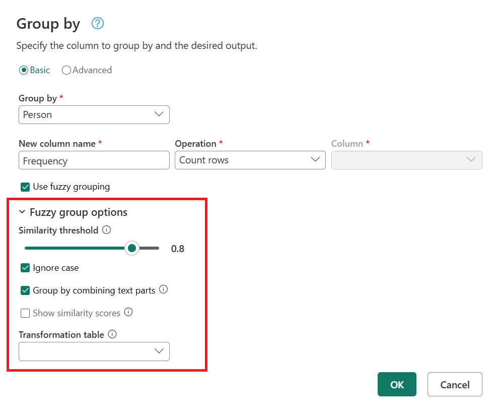 Screenshot della finestra di dialogo Raggruppa per con le opzioni del gruppo Fuzzy evidenziate.