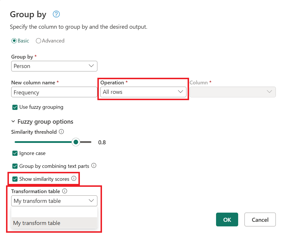 Screenshot del menu a discesa per la trasformazione della tabella del raggruppamento fuzzy.