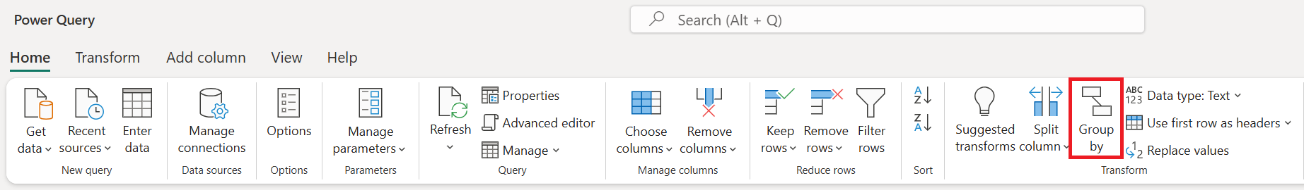 Screenshot della barra multifunzione di Power Query con l'opzione Raggruppa per evidenziata nella scheda Home.