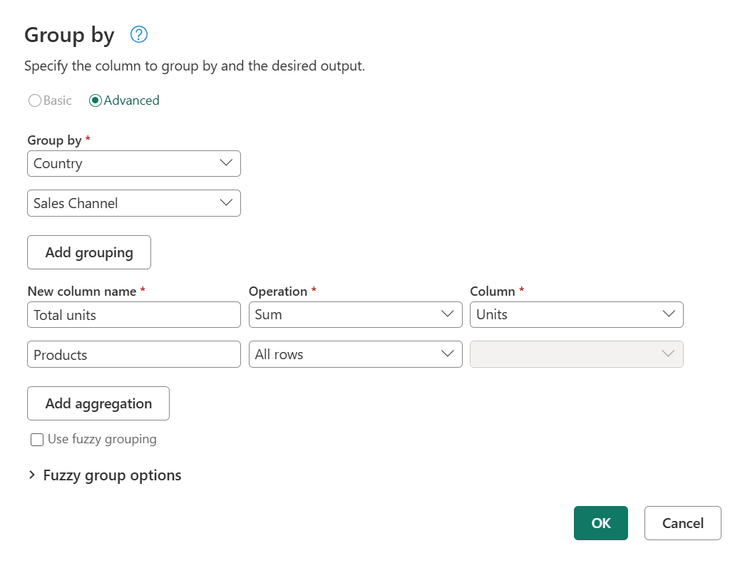 Screenshot della finestra di dialogo Raggruppa per con una colonna non aggregata.