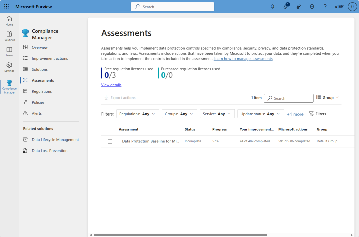 Screenshot della pagina delle valutazioni di Compliance Manager nel portale di Microsoft Purview.