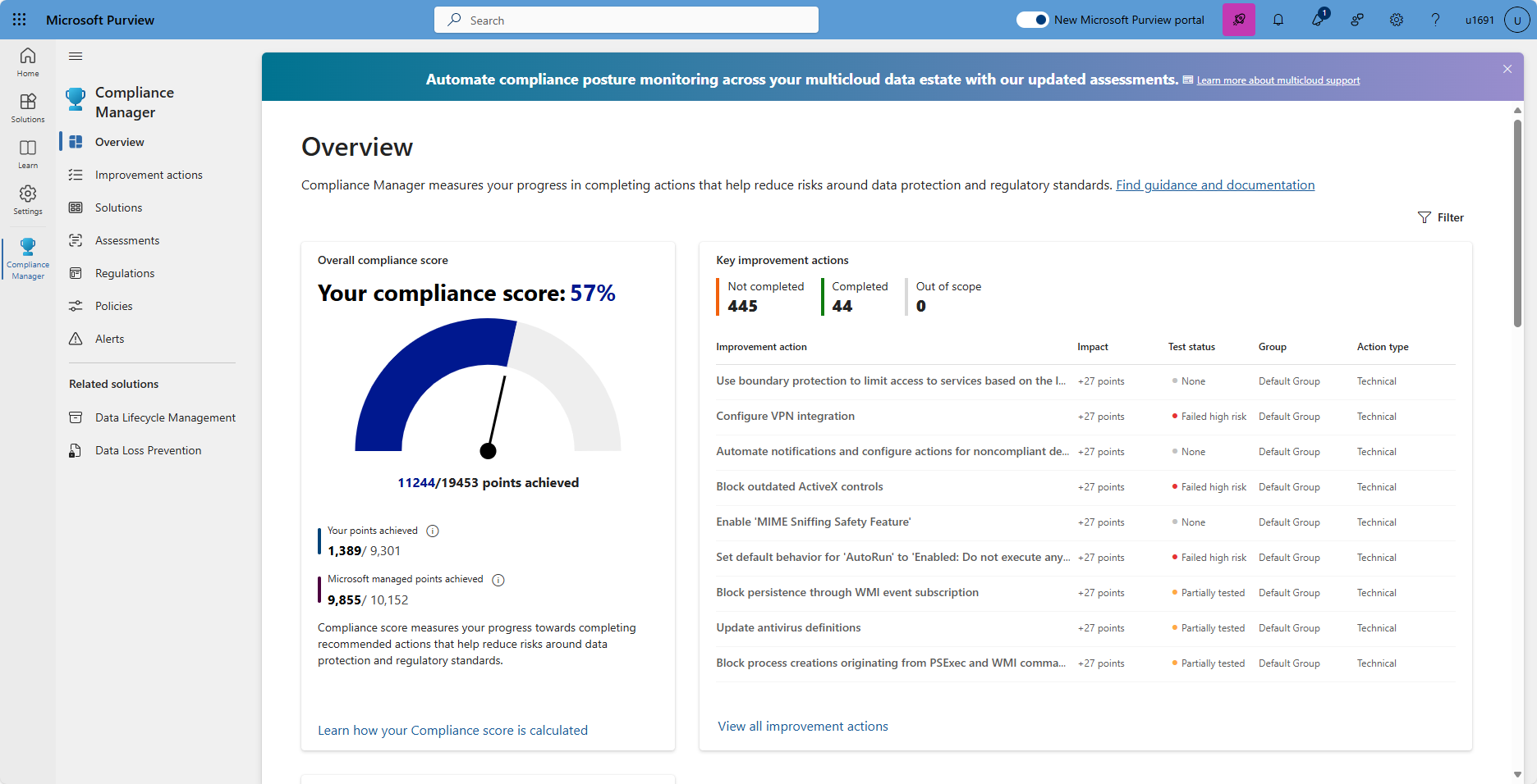 Screenshot della pagina di panoramica di Compliance Manager nel portale di Microsoft Purview.