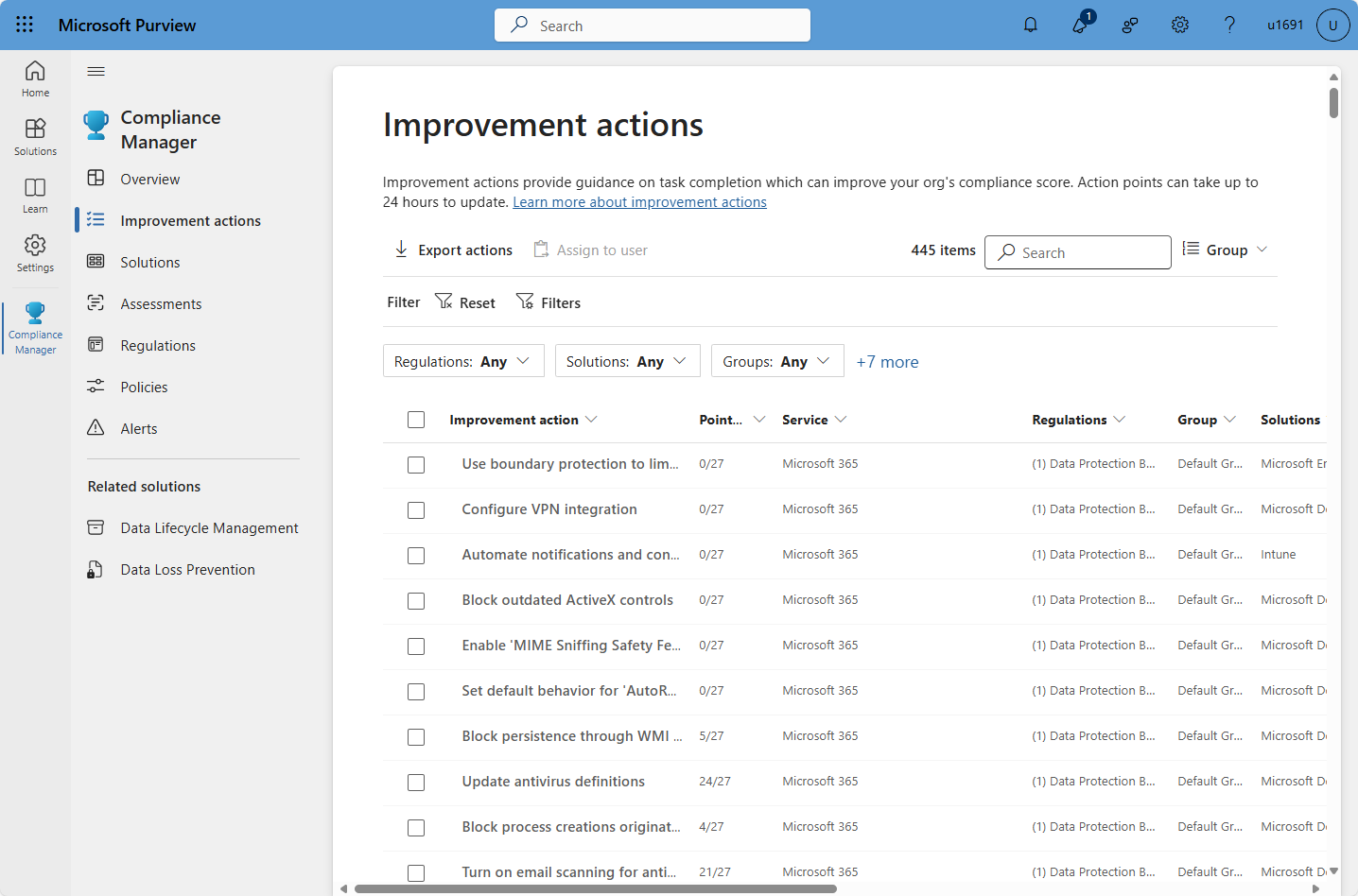 Screenshot della pagina delle azioni dei miglioramenti di Compliance Manager nel portale di Microsoft Purview.