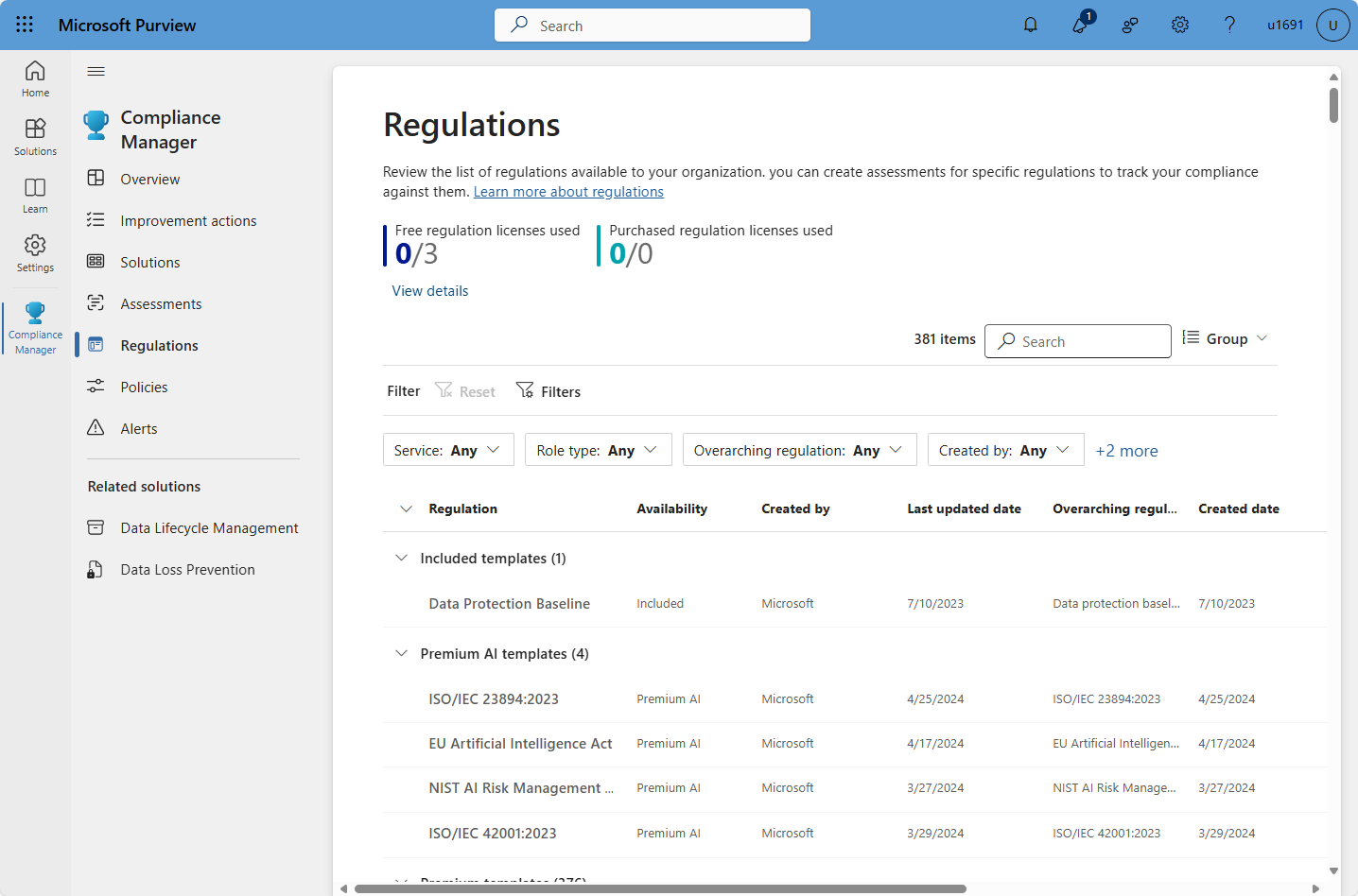 Screenshot della pagina delle normative di Compliance Manager nel portale di Microsoft Purview.
