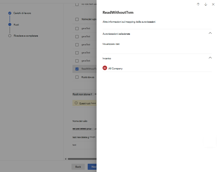 Screenshot del riquadro di revisione del ruolo nello scenario Importa ruolo