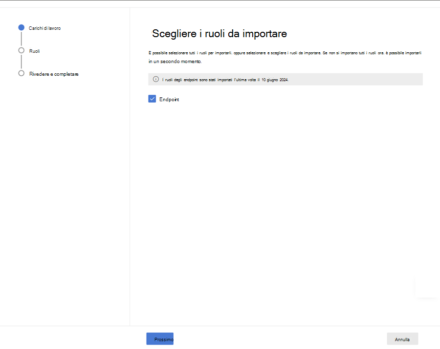 Screenshot della pagina Carichi di lavoro nello scenario di importazione del ruolo
