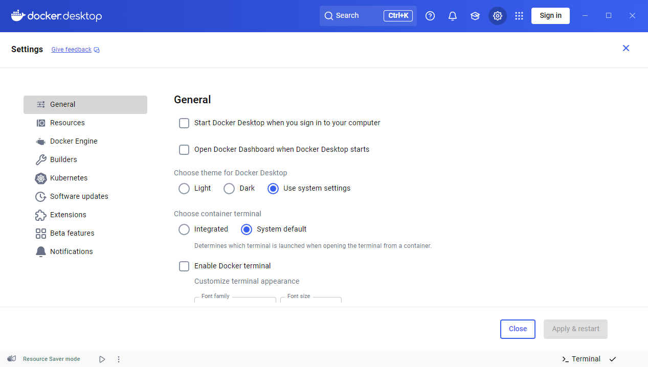 Impostazioni generali di Docker Desktop