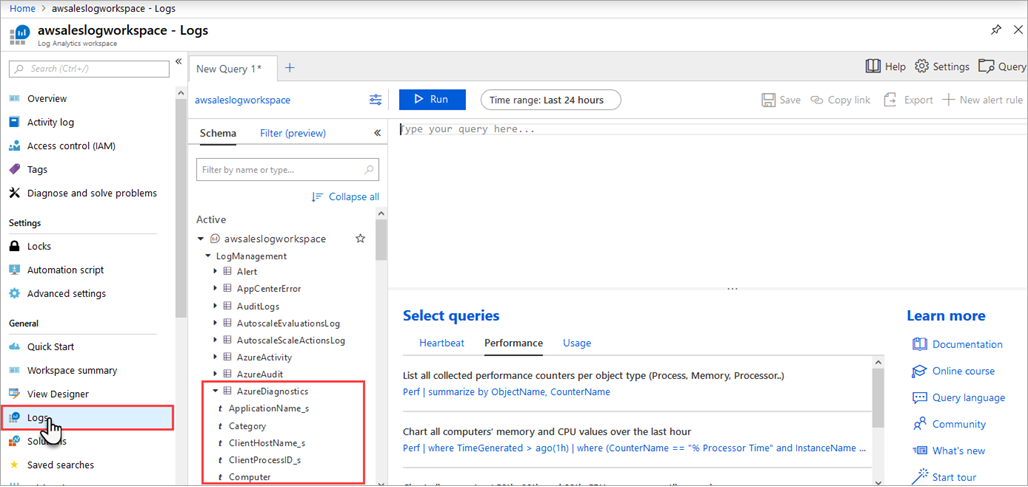 Azure portal のログ検索オプションを示すスクリーンショット。