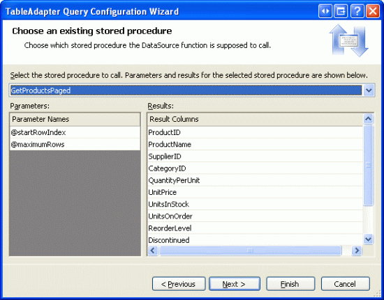 Drop-Down リストから GetProductsPaged ストアド プロシージャを選択する