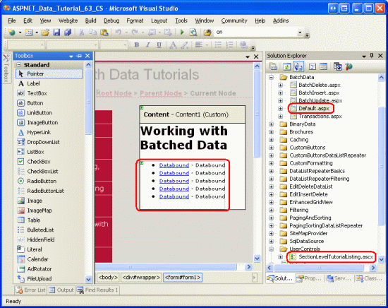 SectionLevelTutorialListing.ascx ユーザー コントロールをDefault.aspxに追加する