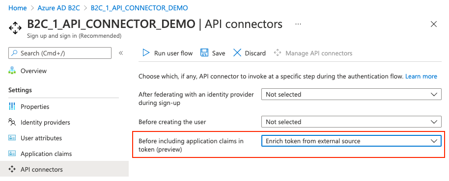 ユーザー フロー ステップの API コネクタを選択するスクリーンショット。