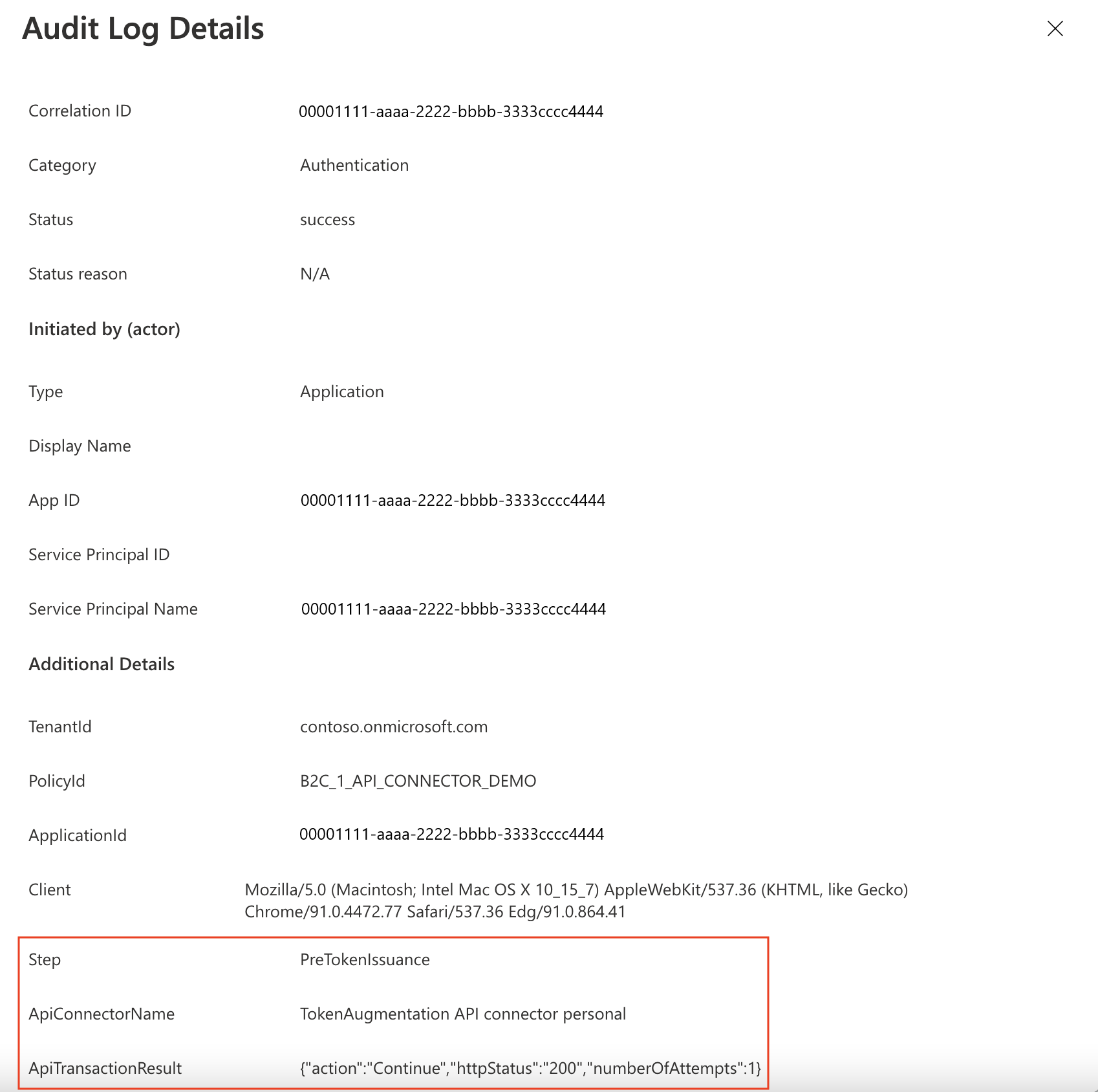 API コネクタ トランザクションを含む監査ログの例のスクリーンショット。