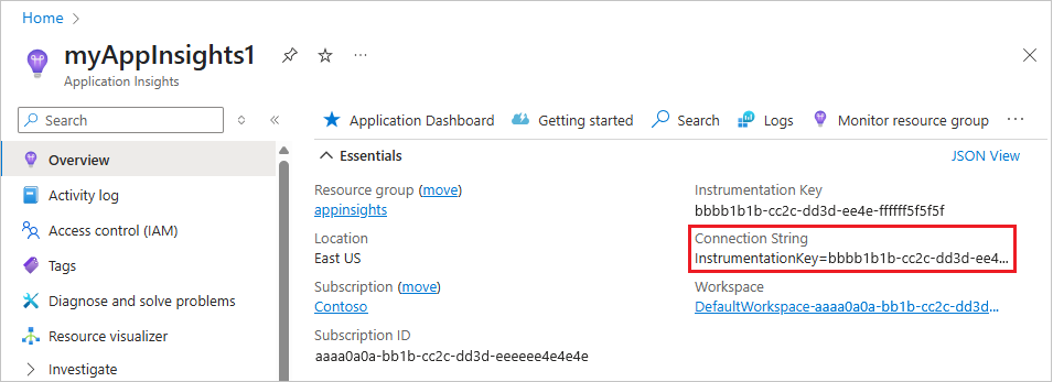 [Application Insights の概要] タブの接続文字列を示すスクリーンショット。